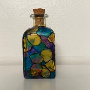 Artisan Hand Painted Stained Glass Floral Bottle Israel Multicolor Excellent4.5"